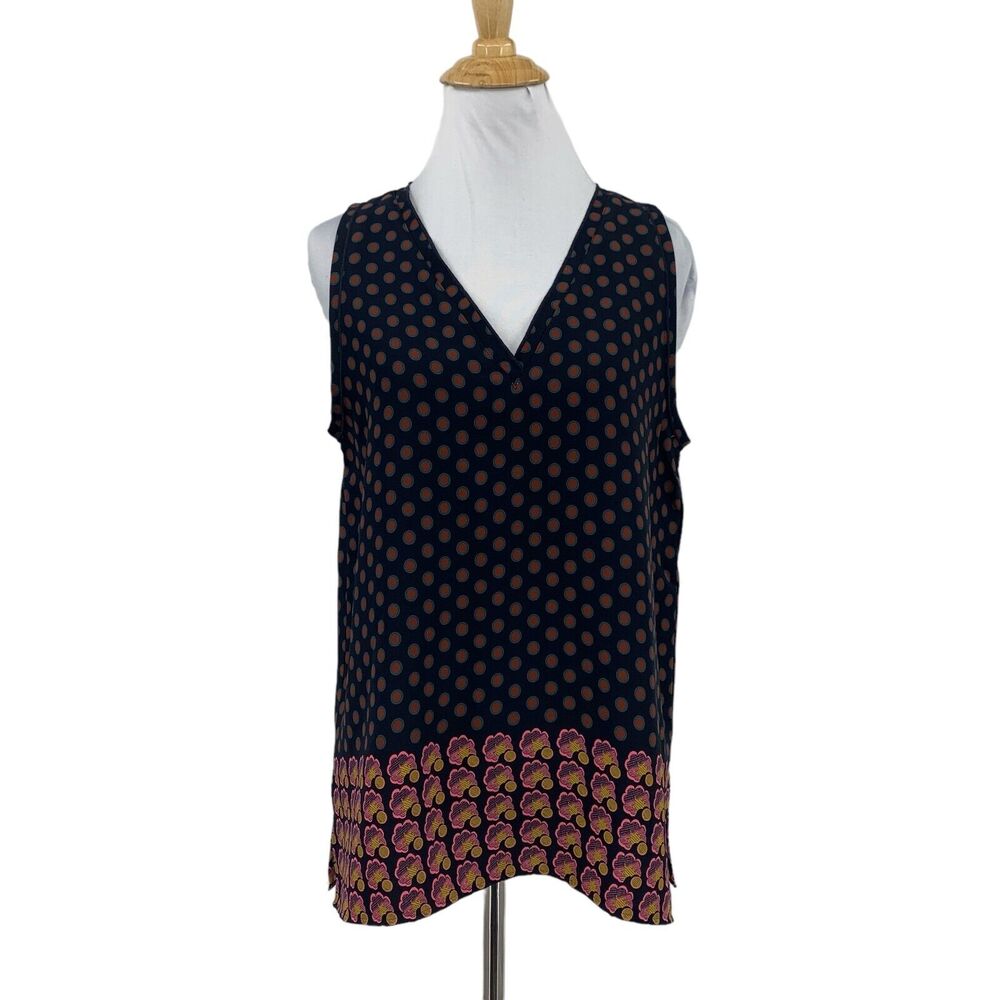 Ann Taylor Tank Top Women S Small Navy Polka Dot Side Slit V Neck Sleeveless